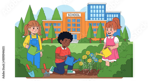 Children watering plants and learning outdoor gardening at school. Ideal for eco-learning, environmental education, nature curriculum, and hands-on activities.