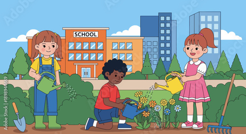 Children watering plants and learning outdoor gardening at school. Ideal for eco-learning, environmental education, nature curriculum, and hands-on activities.
