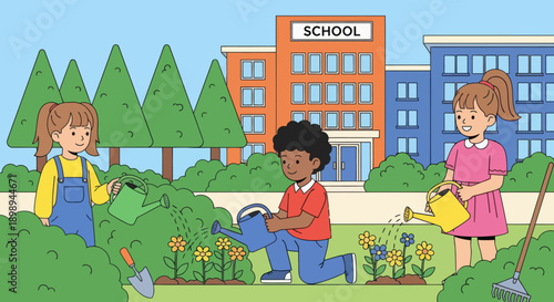 Children watering plants and learning outdoor gardening at school. Ideal for eco-learning, environmental education, nature curriculum, and hands-on activities.
