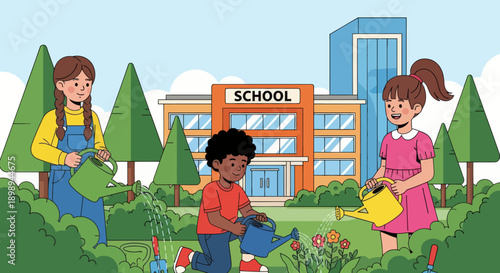 Children watering plants and learning outdoor gardening at school. Ideal for eco-learning, environmental education, nature curriculum, and hands-on activities.
