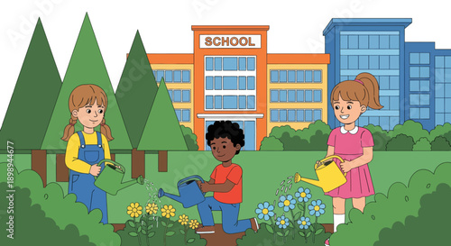 Children watering plants and learning outdoor gardening at school. Ideal for eco-learning, environmental education, nature curriculum, and hands-on activities.
