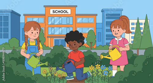 Children watering plants and learning outdoor gardening at school. Ideal for eco-learning, environmental education, nature curriculum, and hands-on activities.
