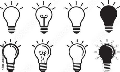 Set of light bulbs icons isolated on white and transparent background