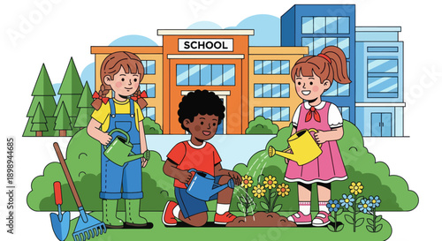 Children watering plants and learning outdoor gardening at school. Ideal for eco-learning, environmental education, nature curriculum, and hands-on activities.
