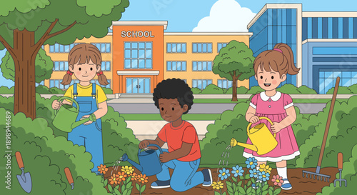 Children watering plants and learning outdoor gardening at school. Ideal for eco-learning, environmental education, nature curriculum, and hands-on activities.
