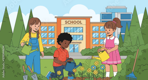 Children watering plants and learning outdoor gardening at school. Ideal for eco-learning, environmental education, nature curriculum, and hands-on activities.
