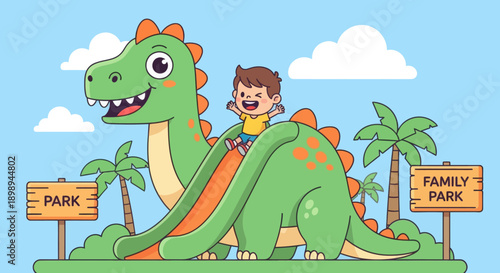 Flat vector illustration of a smiling kid sliding down a friendly dragon slide in a play zone with safety mats, soft-play shapes and clear signage. Solid colors, no gradients 