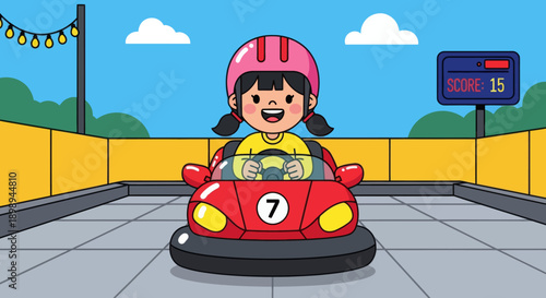 Flat vector illustration of a laughing kid driving bumper cars at a theme park in a safe arena with barriers, round lights and a simple scoreboard backdrop. Solid colors, no gradients 