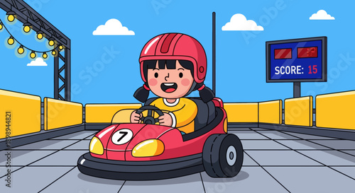 Flat vector illustration of a laughing kid driving bumper cars at a theme park in a safe arena with barriers, round lights and a simple scoreboard backdrop. Solid colors, no gradients 