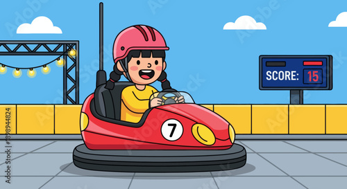 Flat vector illustration of a laughing kid driving bumper cars at a theme park in a safe arena with barriers, round lights and a simple scoreboard backdrop. Solid colors, no gradients 