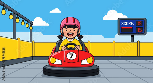 Flat vector illustration of a laughing kid driving bumper cars at a theme park in a safe arena with barriers, round lights and a simple scoreboard backdrop. Solid colors, no gradients 
