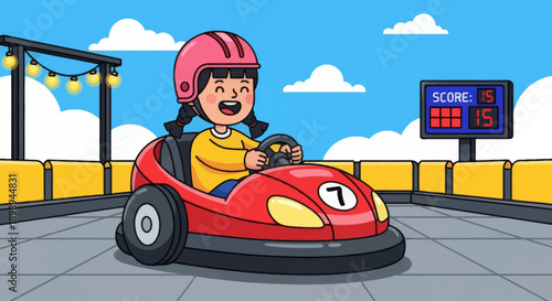 Flat vector illustration of a laughing kid driving bumper cars at a theme park in a safe arena with barriers, round lights and a simple scoreboard backdrop. Solid colors, no gradients 