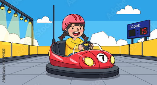 Flat vector illustration of a laughing kid driving bumper cars at a theme park in a safe arena with barriers, round lights and a simple scoreboard backdrop. Solid colors, no gradients 
