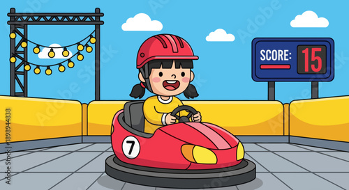 Flat vector illustration of a laughing kid driving bumper cars at a theme park in a safe arena with barriers, round lights and a simple scoreboard backdrop. Solid colors, no gradients 