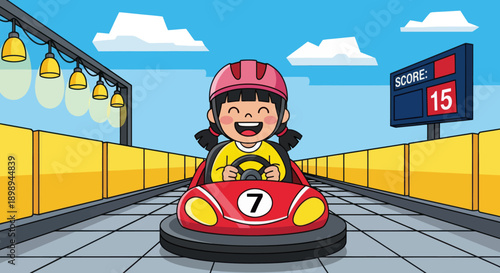 Flat vector illustration of a laughing kid driving bumper cars at a theme park in a safe arena with barriers, round lights and a simple scoreboard backdrop. Solid colors, no gradients 