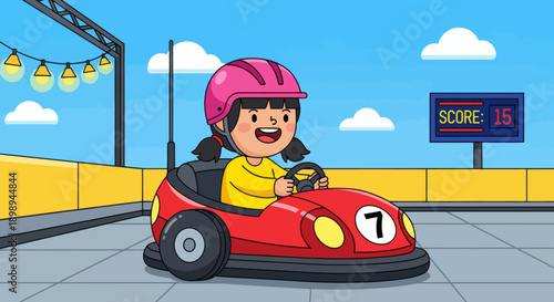 Flat vector illustration of a laughing kid driving bumper cars at a theme park in a safe arena with barriers, round lights and a simple scoreboard backdrop. Solid colors, no gradients 