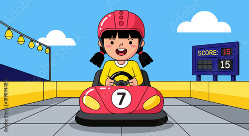 Flat vector illustration of a laughing kid driving bumper cars at a theme park in a safe arena with barriers, round lights and a simple scoreboard backdrop. Solid colors, no gradients 