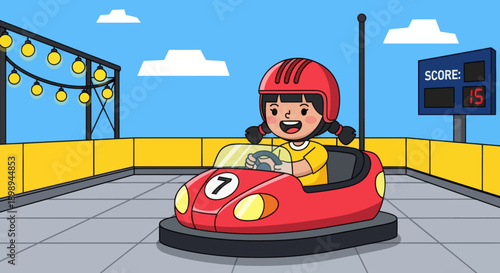 Flat vector illustration of a laughing kid driving bumper cars at a theme park in a safe arena with barriers, round lights and a simple scoreboard backdrop. Solid colors, no gradients 