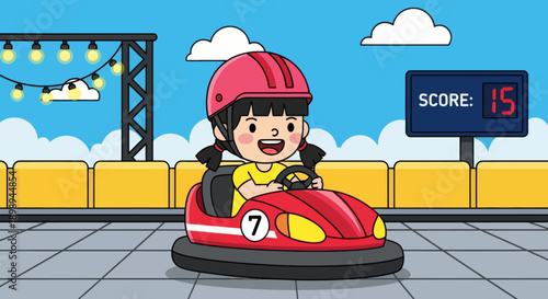 Flat vector illustration of a laughing kid driving bumper cars at a theme park in a safe arena with barriers, round lights and a simple scoreboard backdrop. Solid colors, no gradients 