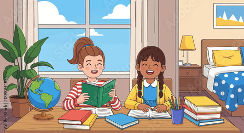 Sisters organizing books and school supplies together, modern flat vector showing cooperation, learning discipline, and positive study habits