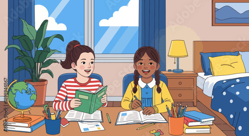 Sisters organizing books and school supplies together, modern flat vector showing cooperation, learning discipline, and positive study habits