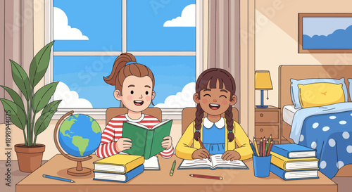 Sisters organizing books and school supplies together, modern flat vector showing cooperation, learning discipline, and positive study habits