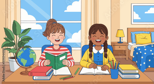 Sisters organizing books and school supplies together, modern flat vector showing cooperation, learning discipline, and positive study habits