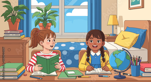 Sisters organizing books and school supplies together, modern flat vector showing cooperation, learning discipline, and positive study habits