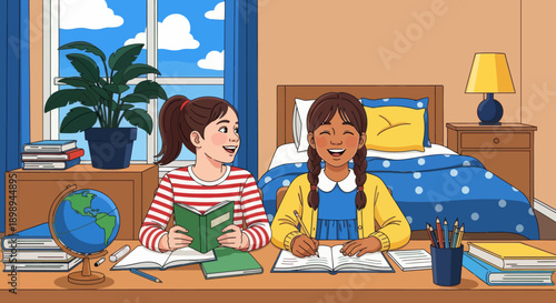 Sisters organizing books and school supplies together, modern flat vector showing cooperation, learning discipline, and positive study habits