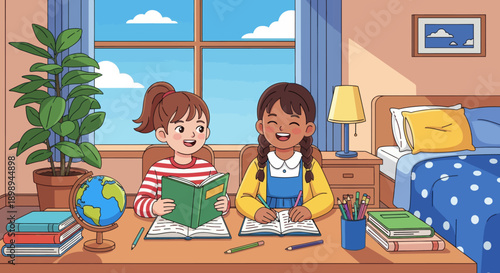Sisters organizing books and school supplies together, modern flat vector showing cooperation, learning discipline, and positive study habits