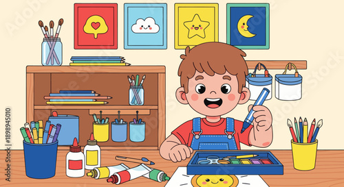 Independent little boy organizing art supplies, modern flat vector promoting good habits and creative discipline