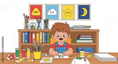 Independent little boy organizing art supplies, modern flat vector promoting good habits and creative discipline