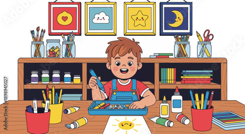 Independent little boy organizing art supplies, modern flat vector promoting good habits and creative discipline