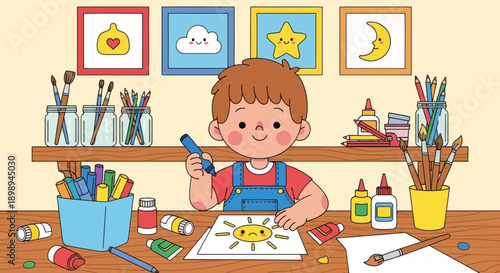 Independent little boy organizing art supplies, modern flat vector promoting good habits and creative discipline