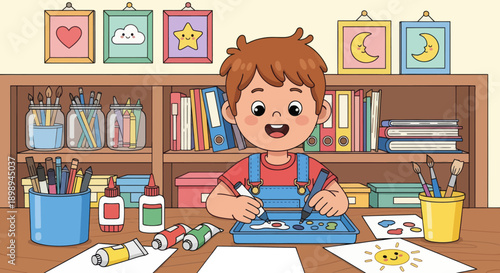 Independent little boy organizing art supplies, modern flat vector promoting good habits and creative discipline