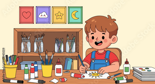 Independent little boy organizing art supplies, modern flat vector promoting good habits and creative discipline