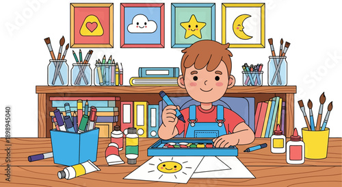 Independent little boy organizing art supplies, modern flat vector promoting good habits and creative discipline