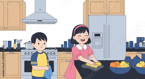 Young siblings wiping the kitchen table together, modern flat vector showing cooperation, cleanliness, and shared home responsibility