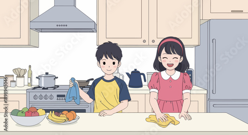 Young siblings wiping the kitchen table together, modern flat vector showing cooperation, cleanliness, and shared home responsibility
