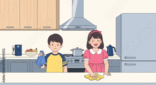 Young siblings wiping the kitchen table together, modern flat vector showing cooperation, cleanliness, and shared home responsibility