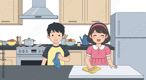 Young siblings wiping the kitchen table together, modern flat vector showing cooperation, cleanliness, and shared home responsibility