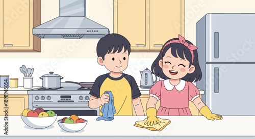 Young siblings wiping the kitchen table together, modern flat vector showing cooperation, cleanliness, and shared home responsibility
