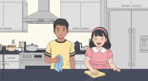 Young siblings wiping the kitchen table together, modern flat vector showing cooperation, cleanliness, and shared home responsibility