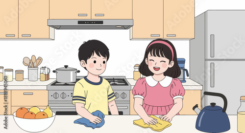 Young siblings wiping the kitchen table together, modern flat vector showing cooperation, cleanliness, and shared home responsibility
