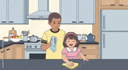 Young siblings wiping the kitchen table together, modern flat vector showing cooperation, cleanliness, and shared home responsibility