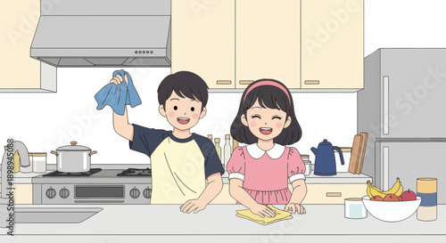Young siblings wiping the kitchen table together, modern flat vector showing cooperation, cleanliness, and shared home responsibility