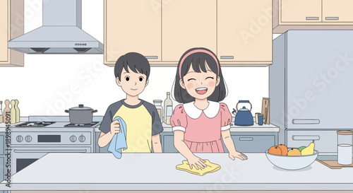 Young siblings wiping the kitchen table together, modern flat vector showing cooperation, cleanliness, and shared home responsibility