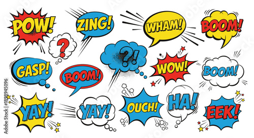 comic book speech bubbles and sound effects