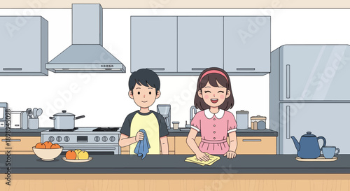 Young siblings wiping the kitchen table together, modern flat vector showing cooperation, cleanliness, and shared home responsibility