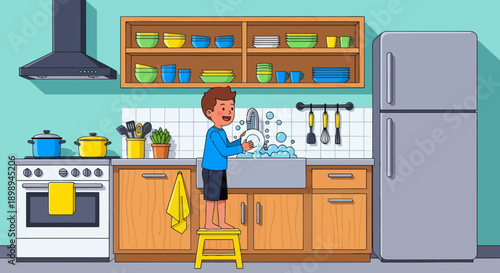 Independent little boy washing dishes at the sink, modern flat vector promoting good habits and responsible daily home routine